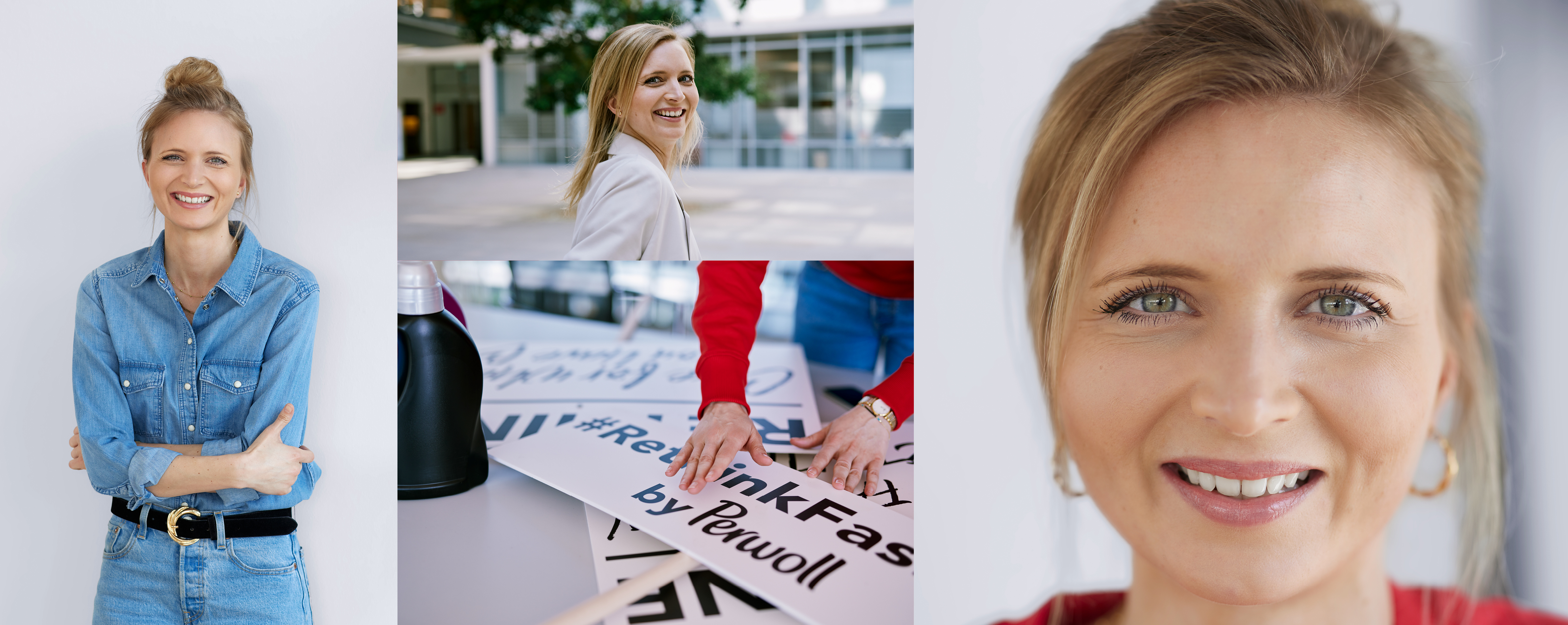 Un angajat al Henkel în fața locului de muncă. Ea pozează pentru cameră, sortează semne din campania #Rethink Fashion de la Persil și zâmbește. 