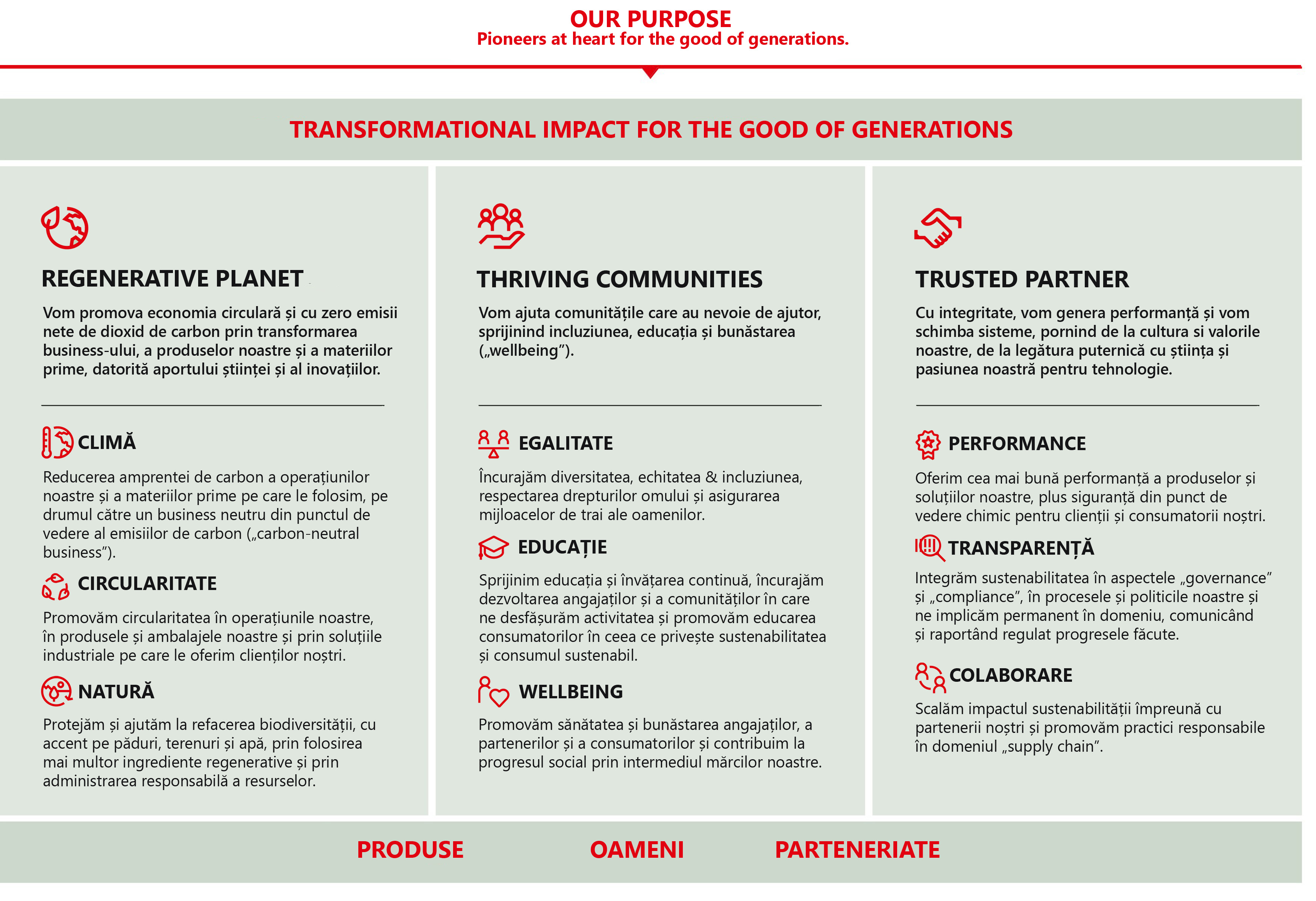 Tabel prezentare generală a Țelului (Purpose) Henkel și a cadrului strategic 2030+ Sustainability Framework