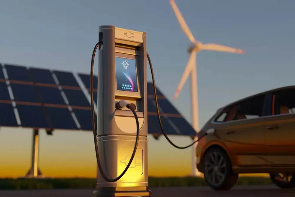 Stație de încărcare pentru vehicule electrice cu panouri solare și turbine eoliene în fundal.