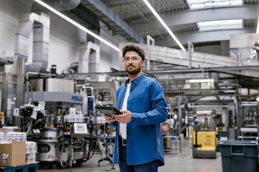 Bărbat care stă în picioare într-o unitate de producție modernă, ținând în mână o tabletă și purtând ochelari de protecție, reprezentând inovația și digitalizarea în producția Henkel.