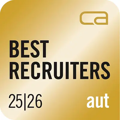 Insigna de aur Best Recruiters Austria 25/26, care recunoaște excelența Henkel în calitatea recrutării și experiența candidaților.
