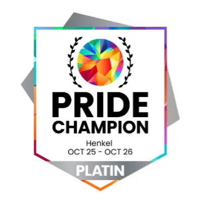 Insigna Pride Champion Platin 2025–2026, care recunoaște angajamentul Henkel față de incluziunea și egalitatea LGBTQ+ la locul de muncă.
