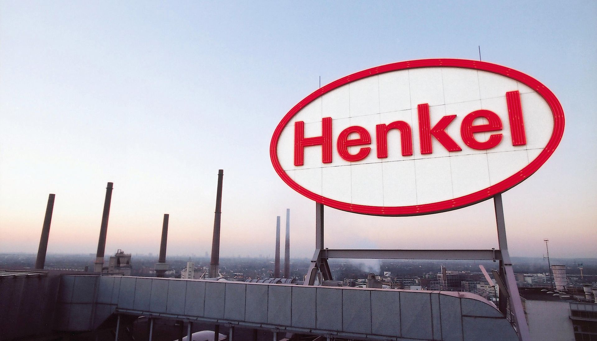 Henkel logo on a rooftop in Duesseldorf.